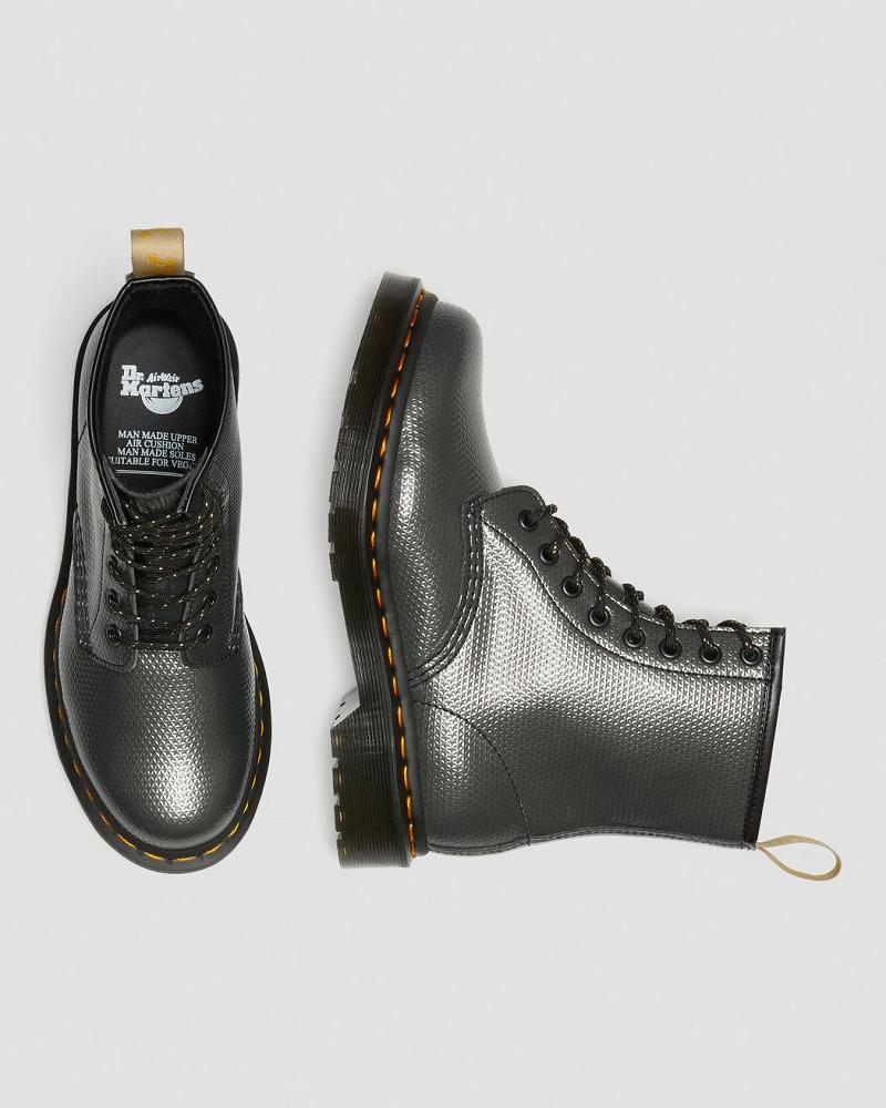 Grey Women's Dr Martens Vegan 1460 Metallic Emboss Lace Up Boots | CA 224VRW